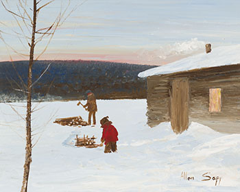 Little Boy Helping to Haul Wood Before Getting Too Dark by Allen Sapp sold for $11,250
