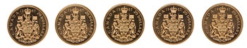 Five Elizabeth II Gold Specimen 20 Dollars 1967, “Confederation Centennial – Canadian Coat of Arms” by  Canada