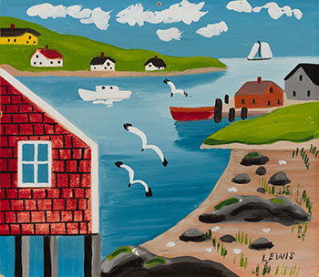 Harbour with Sailboat and Seagulls by Maud Lewis