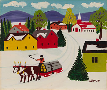 Ox Team with Logs Driven through Village by Maud Lewis