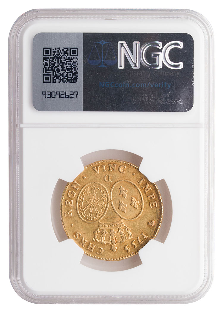 Louis XV Gold 2 Louis d’Or 1755 D, Lyon Mint, NGC AU55 by  France