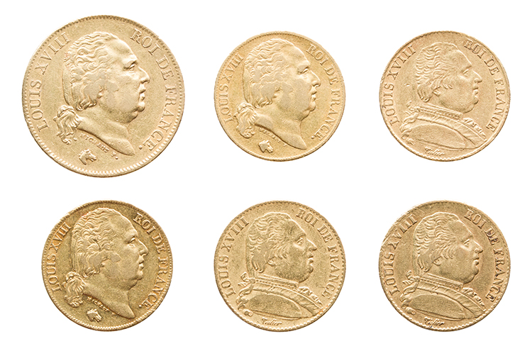 Lot of Five Bourbon Restoration Gold 20 Francs and a Gold 40 Francs, 6 Pieces Total par  France
