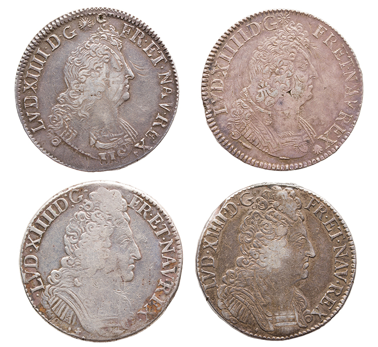 Lot of Four Louis XIV Silver Ecus, Aix, Bordeaux, Paris and Rouen Mints by  France