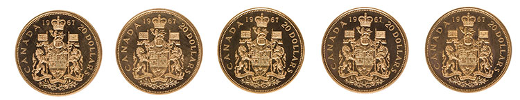 Five Elizabeth II Gold Specimen 20 Dollars 1967, “Confederation Centennial – Canadian Coat of Arms” par  Canada