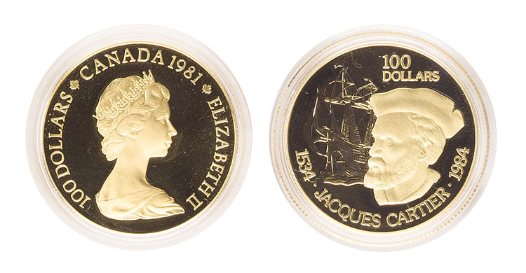 Elizabeth II Gold Proof 100 Dollars 1981, "O Canada" and Gold Proof 100 Dollars 1984, “Jacques Cartier” by  Canada