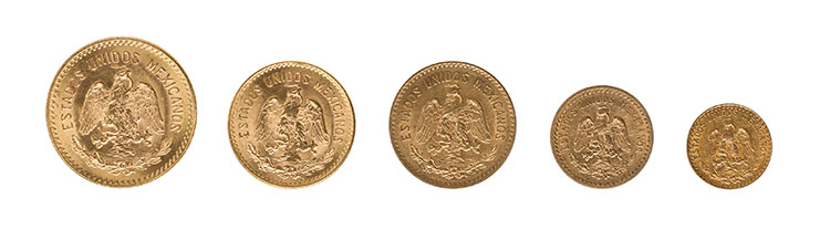 Lot of Five Republic Gold Coins – Two, Two and a Half, Five (2) and Ten Pesos par  Mexico