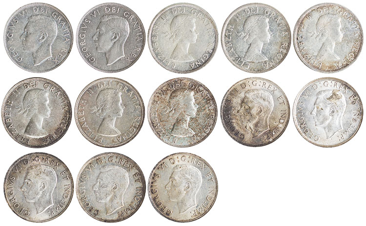 Lot of 88 George V, George VI and Elizabeth II Silver Dollars 1935-1966, Incomplete Set par  Canada