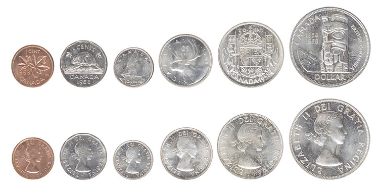 Lot of Seven Brilliant Uncirculated and Prooflike Uncirculated Royal Canadian Mint Sets - 1953, 1954, 1956, 1957, 1958, 1959, and 1960 par  Canada