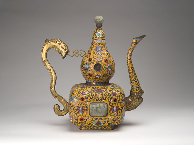 A Large Chinese Cloisonné Enamel, Repoussé and Jade Inlay Ritual Ewer and Cover by  Chinese Art