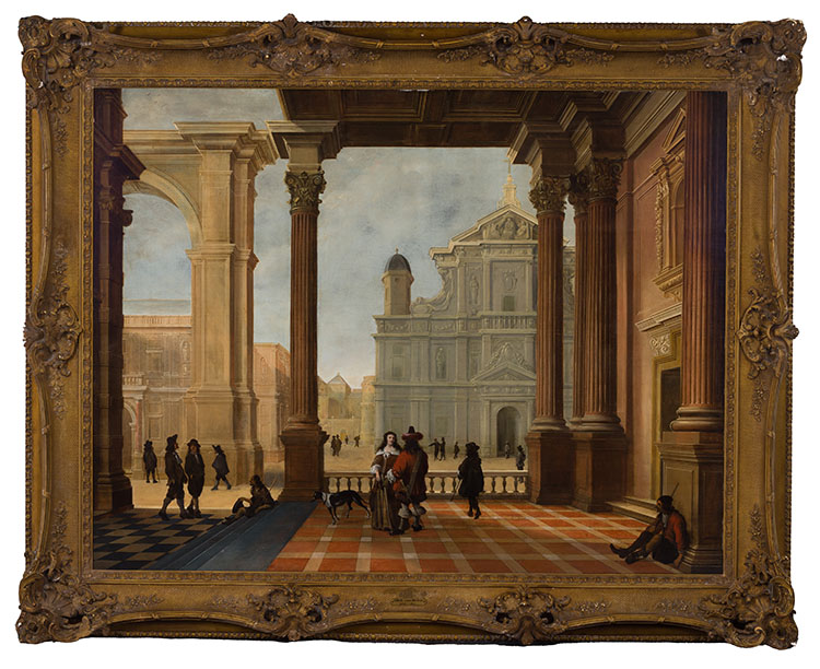 An Architectural Capriccio with Elegant Figures and a Church Beyond par Bartholomeus van Bassen