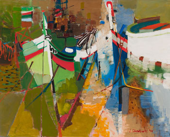 Boat Theme in Green, Red, White and Blue; Beach, Collioure by Jack Leonard Shadbolt vendu pour $67,250
