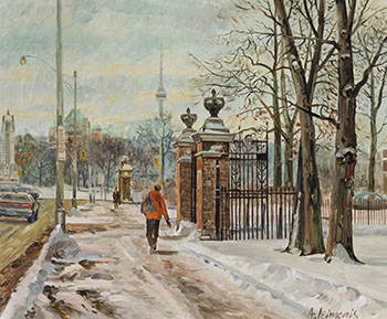 A Moody Winter Scene of Parliament Buildings and the CN Tower From Queen's Park Near Bloor by Andris Leimanis vendu pour $750