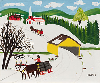 Ox Team Hauling Logs with Single Horse-Drawn Sled in Distance by Maud Lewis vendu pour $49,250