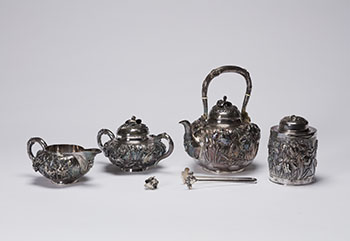 A Four-Piece Japanese Yokohama Sterling Silver ‘Iris’ Tea Set, Meiji Period, Early 20th Century by  Japanese Art sold for $4,063