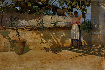 Woman in a Sunny Courtyard by James Kerr-Lawson vendu pour $8,750