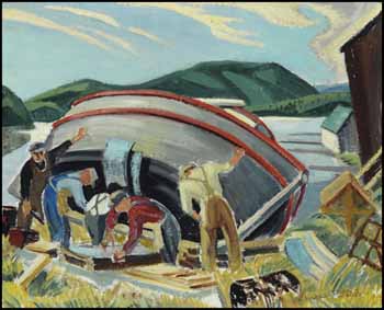 Repairing the Boat, Lake Superior / Untitled (verso) by Muriel Yvonne McKague Housser sold for $7,020