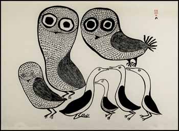 Three Owls, Four Birds by Lucy Qinnuayuak vendu pour $1,755