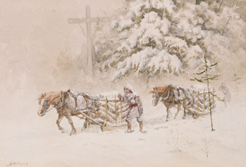 Two Horse-Drawn Sleighs Hauling Logs Past a Wayside Cross by John B. Wilkinson vendu pour $1,250