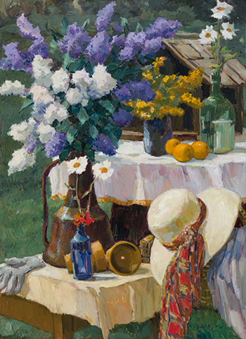 Garden Still Life with Summer Hat and Lilacs by Helmut Gransow vendu pour $2,250