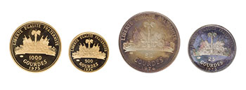 Republic Silver and Gold Proof 50 and 500 Gourdes Set, “Montreal Olympics” 1974, and Silver and Gold Proof 25 and 1000 Gourdes Set, “United States Bicentennial” 1975 by  Haiti sold for $2,000