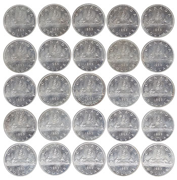 Original Mint Bag of 100 Silver Dollar Coins, 1963 by  Canada sold for $2,375