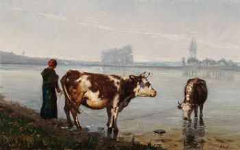Cattle Watering by Adolphe Vogt vendu pour $1,250