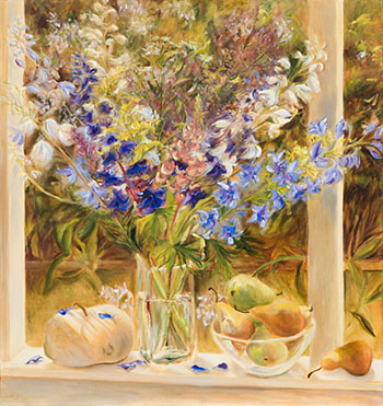 Still Life with Delphiniums and Pears by Jamie Evrard vendu pour $3,125