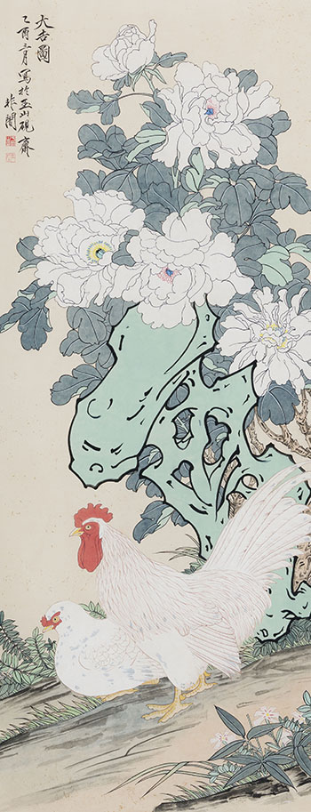 Auspicious Painting (Peonies and Chickens) par After Yu Fei'an