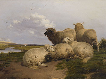 Five Sheep with Cows in Canterbury Meadows by Thomas Sidney Cooper