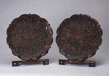 A Large Pair of Chinese Carved Cinnabar Lacquer ‘Birthday’ Foliate Dishes, Qianlong Mark, Late 19th Century by  Chinese Art