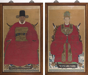A Pair of Massive Chinese Huali Framed Ancestor Portraits, Republican Period, Early 20th Century by  Chinese Art