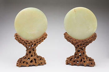 A Pair of Large Chinese Pale Green Jade Carved Circular Plaques, Mid-20th Century by  Chinese Art