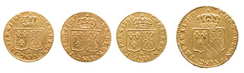 Lot of Three Louis XVI Gold Louis d’Or and a 2 Louis d’Or, Paris and La Rochelle Mints, 4 Pieces Total by  France