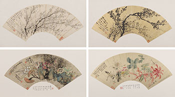 Jin Xinlan, Yang Borun and Other Scholars, Four Floral Fan Paintings by  Chinese Art