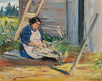 Woman Mending Snow Shoe by Frederick William Hutchison