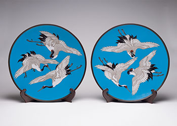 A Pair of Large Cloisonné Enamel 'Crane' Chargers, Meiji period, Late 19th Century by  Japanese Art