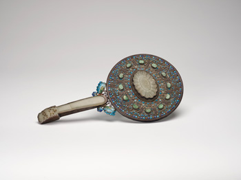 A Chinese Export Silver Enamel and Jade Inlay Mirror par  Chinese Art