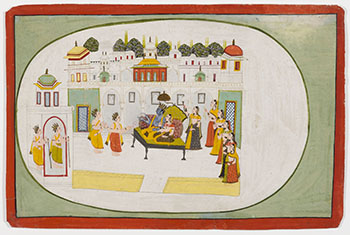 A Large Rajasthan Painted Miniature of Krishna and Consort Receiving Royal Guests, 18th/19th Century par Indian Art