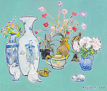 Flowers, Pots, Animals on Green par Joseph Francis (Joe) Plaskett