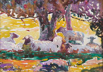 Sheep Resting Under Tree by Owen B. Staples