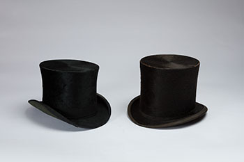 Victorian Beaver Top Hat with Leather Hat Box (#00524) and Man's Beaver Top Hat (#00090) with Leather Hat Box (#00342) by Hudson's Bay Company 