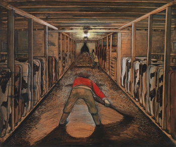 Cleaning the Cow Barn in Winter by William Kurelek