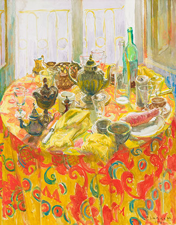 Tablescape in Red and Yellow Indian Cloth par Joseph Francis (Joe) Plaskett