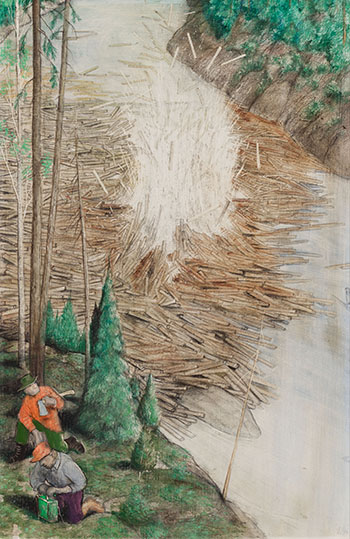 Dynamiting the Log Jam par William Kurelek