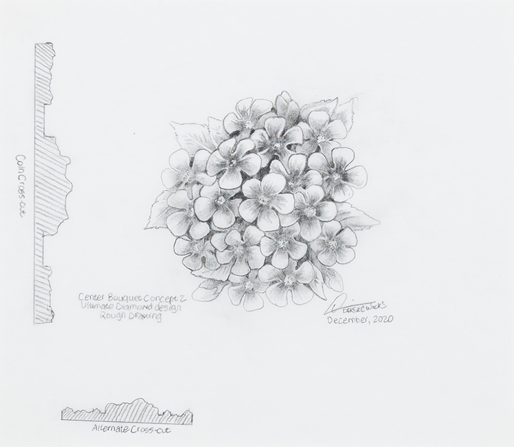 Concept Drawing—Centre Bouquet Concept 2, The Ultimate Diamond Design, Rough Drawing 1 / Étude de concept—2e dessin préliminaire du bouquet central
1re esquisse du motif diamantaire, pièce Summum par Derek C. Wicks