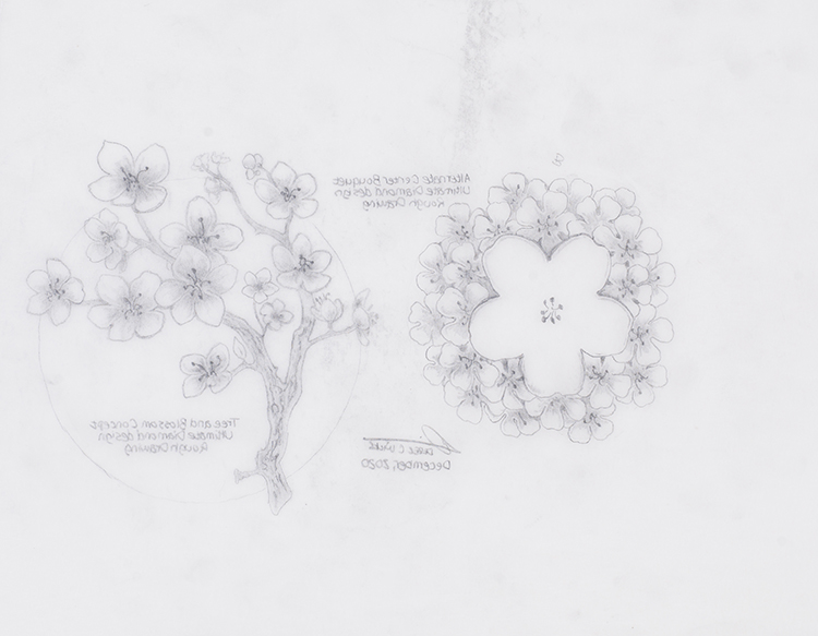 Concept Drawing—Centre Bouquet Concept 2, The Ultimate Diamond Design, Rough Drawing 2 / Étude de concept—2e dessin préliminaire du bouquet central
3e esquisse du motif diamantaire, pièce Summum par Derek C. Wicks