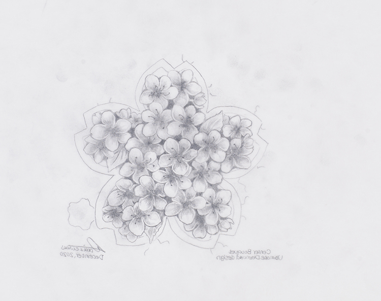 Concept Drawing—Centre Bouquet Concept 2, The Ultimate Diamond Design, Rough Drawing 3 / Étude de concept—2e dessin préliminaire du bouquet central
2e esquisse du motif diamantaire, pièce Summum by Derek C. Wicks