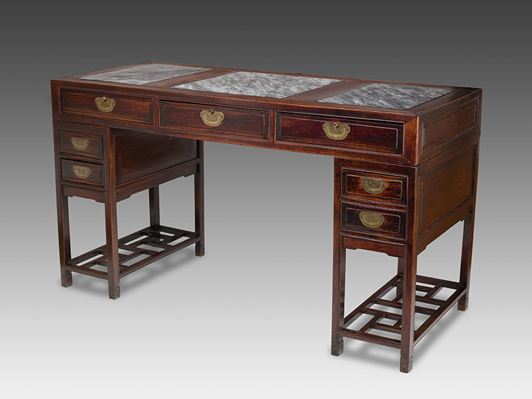A Chinese Rosewood and Marble Inset Three-Piece Pedestal Desk, Late Qing Dynasty, 19th Century par  Chinese School