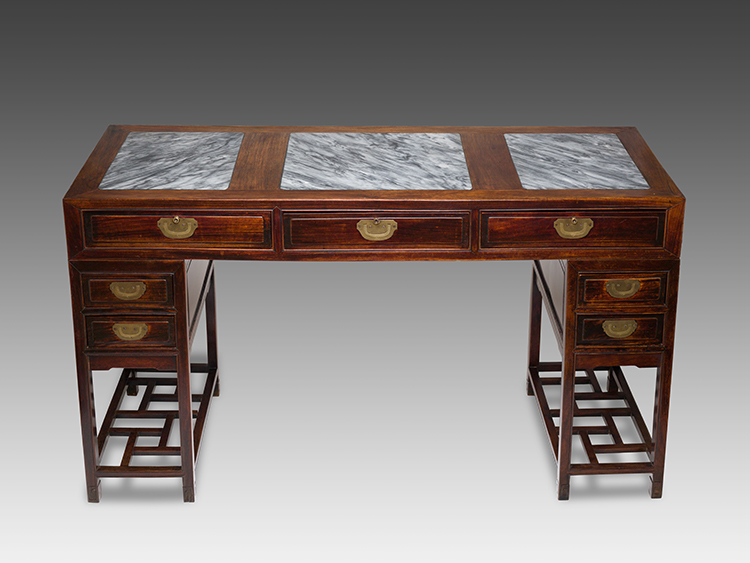 A Chinese Rosewood and Marble Inset Three-Piece Pedestal Desk, Late Qing Dynasty, 19th Century par  Chinese School