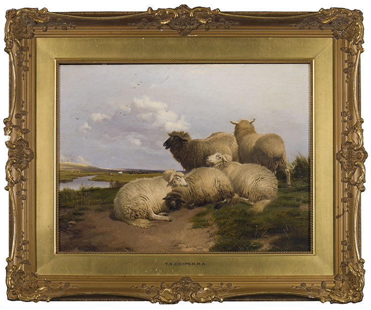 Five Sheep with Cows in Canterbury Meadows by Thomas Sidney Cooper